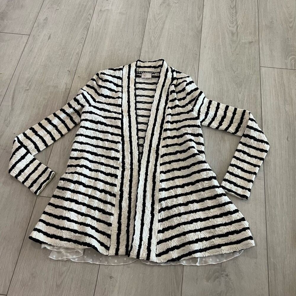 Anthropologie Postage Stamp XS Striped Black & Ivory Cardigan W Lace Trim